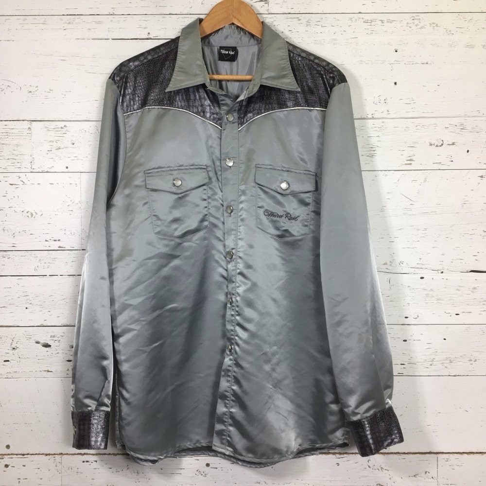 Vintage Third Rail Men’s Gray Satin Shirt Pearl Button Western Snake Print Shiny